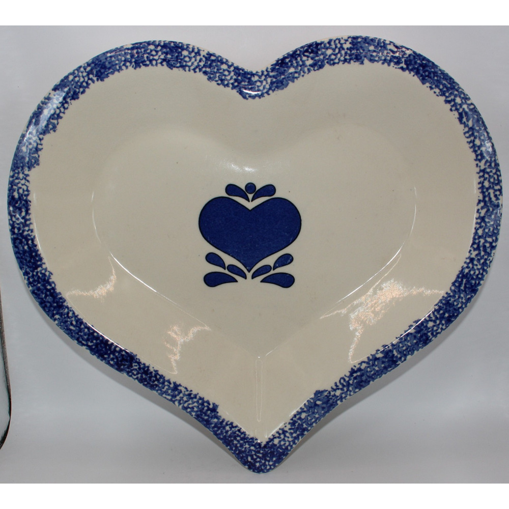 Vintage Stoneware Heart shaped Pie/Cake Baking Dish; Blue & White Glazed Ceramic